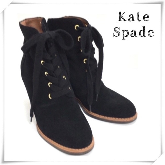 Kate Spade Suede Lace up Ankle Wedge Boot in Black - Picture 1 of 7